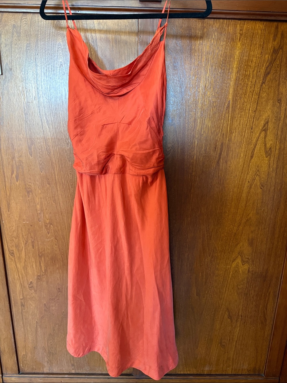 Mango Coral Cowl-Neck Silk Midi Dress with Spaghetti Straps